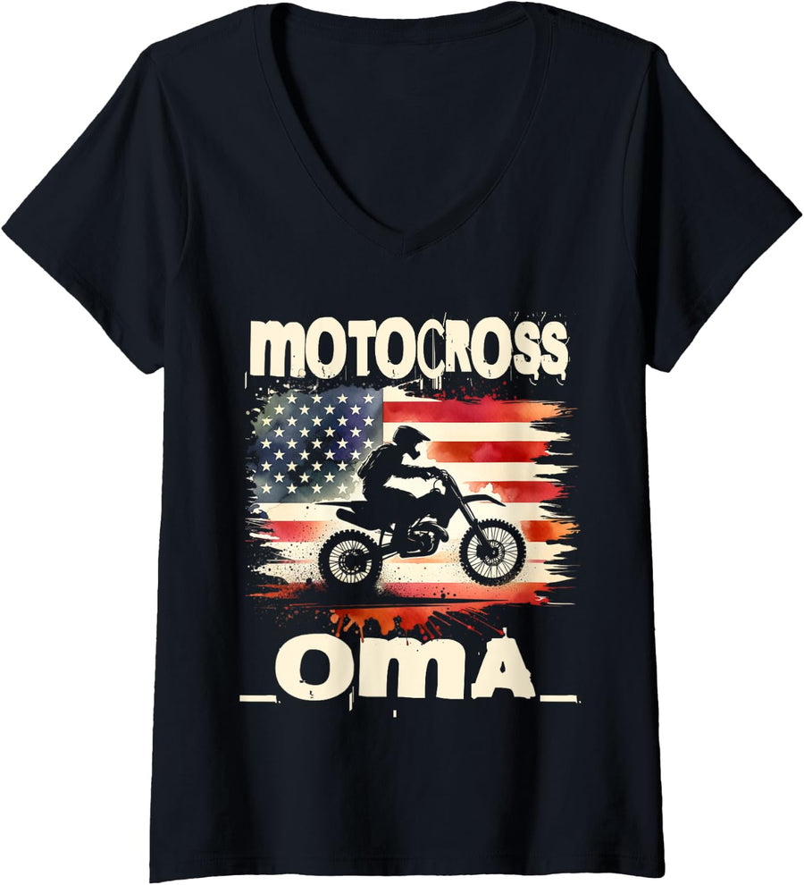 Womens Motocross Oma Vintage American Flag Motorbike V-Neck T-Shirt - Black