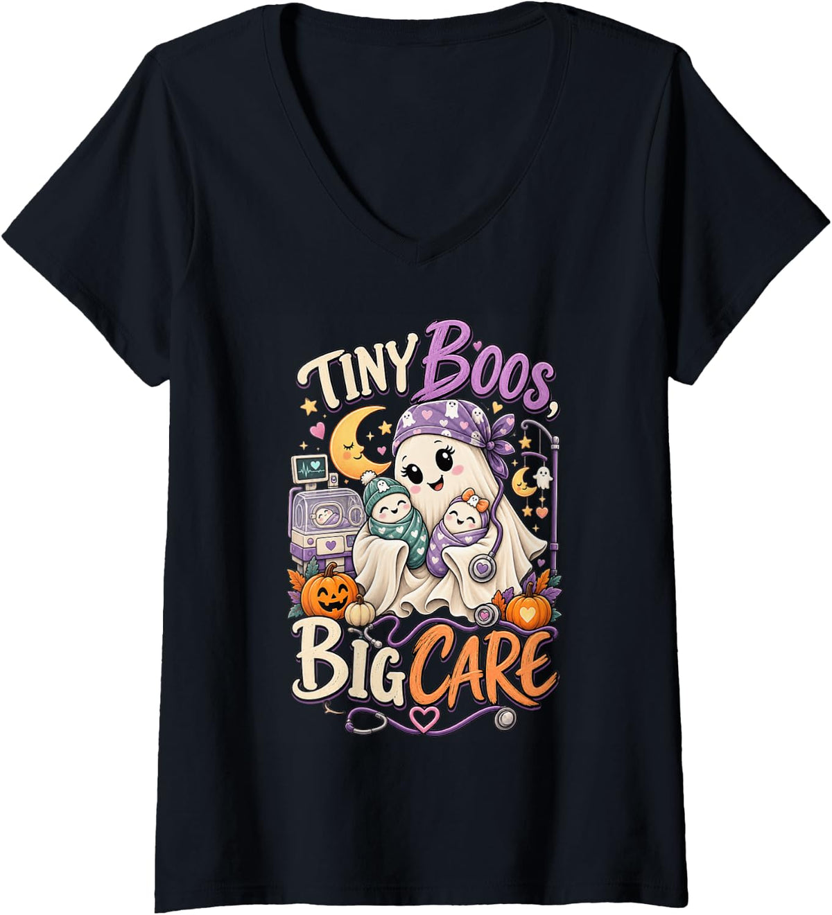 Women's Funny NICU Nurse Halloween Ghost Design Tiny Boos Big Care V-Neck T-Shirt - Black