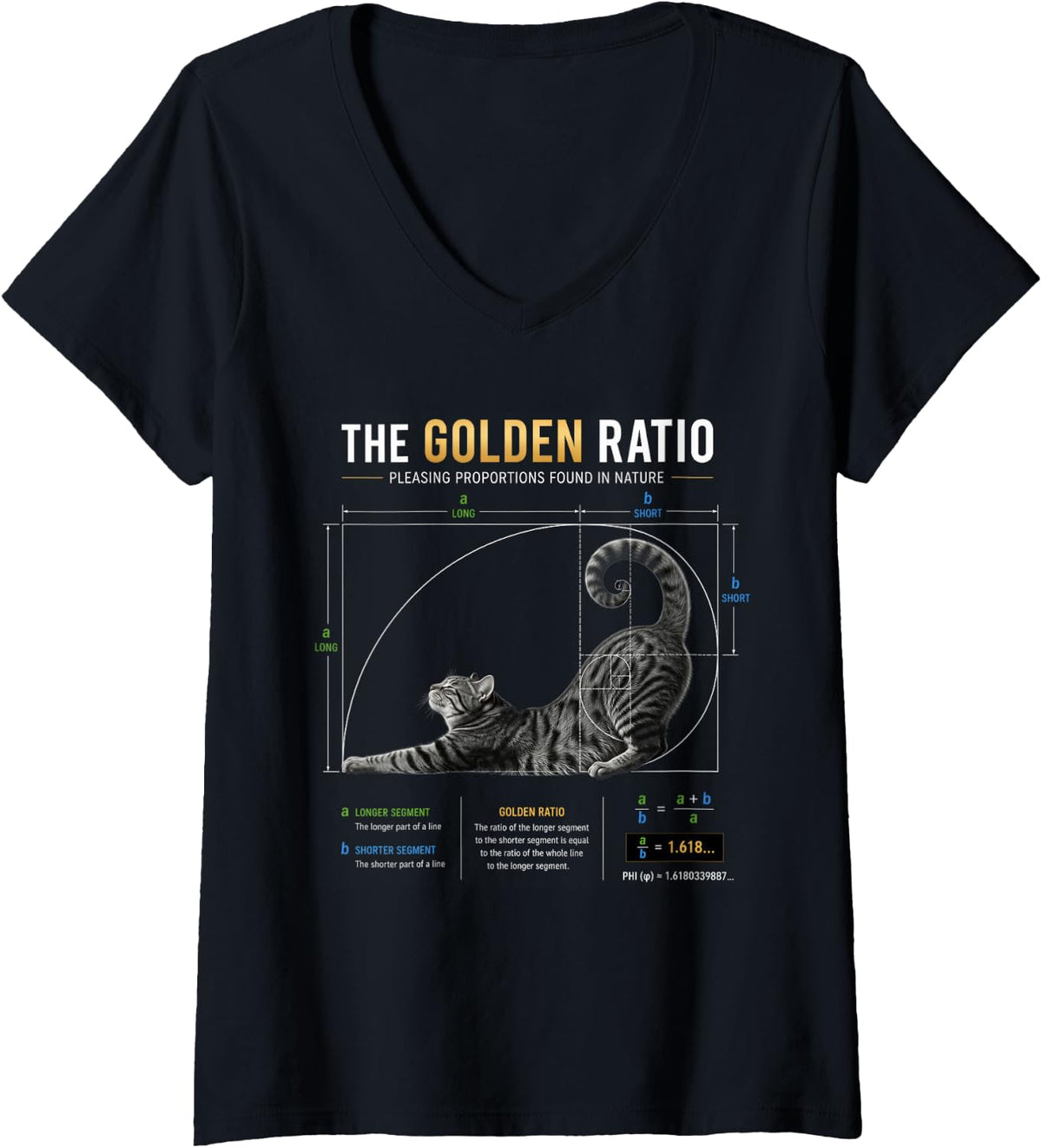 Women's Golden Ratio Cat Math Fibonacci Nature Geometry Design V-Neck T-Shirt - Black