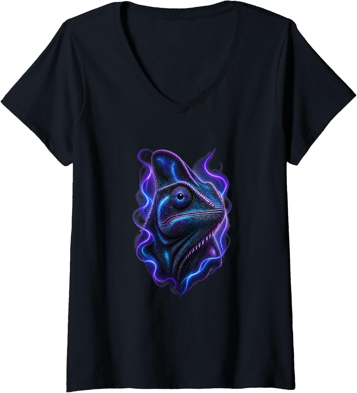 Women's Chameleon with Violet Plasma Curves Reptile Art V-Neck T-Shirt - Black