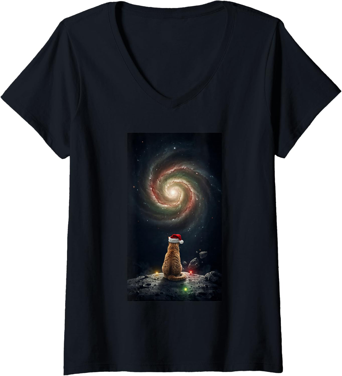 Women's Orange Tabby Cat Santa Hat Galaxy Space Christmas Cat Lover V-Neck T-Shirt - Black