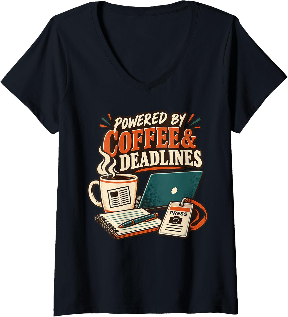 Women's Powered by Coffee & Deadlines Journalism V-Neck T-Shirt - Black