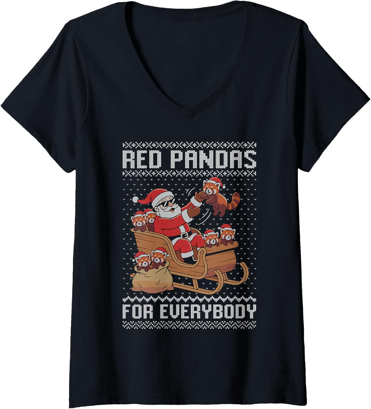 Women's Red Pandas for Everybody Ugly Christmas Sweater V-Neck T-Shirt - Black