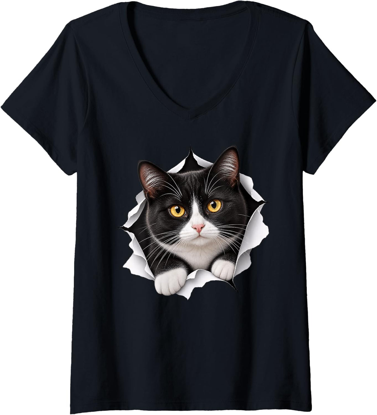 Women's Funny Tuxedo Cat Peeking Cute Mom Dad V-Neck T-Shirt - Black