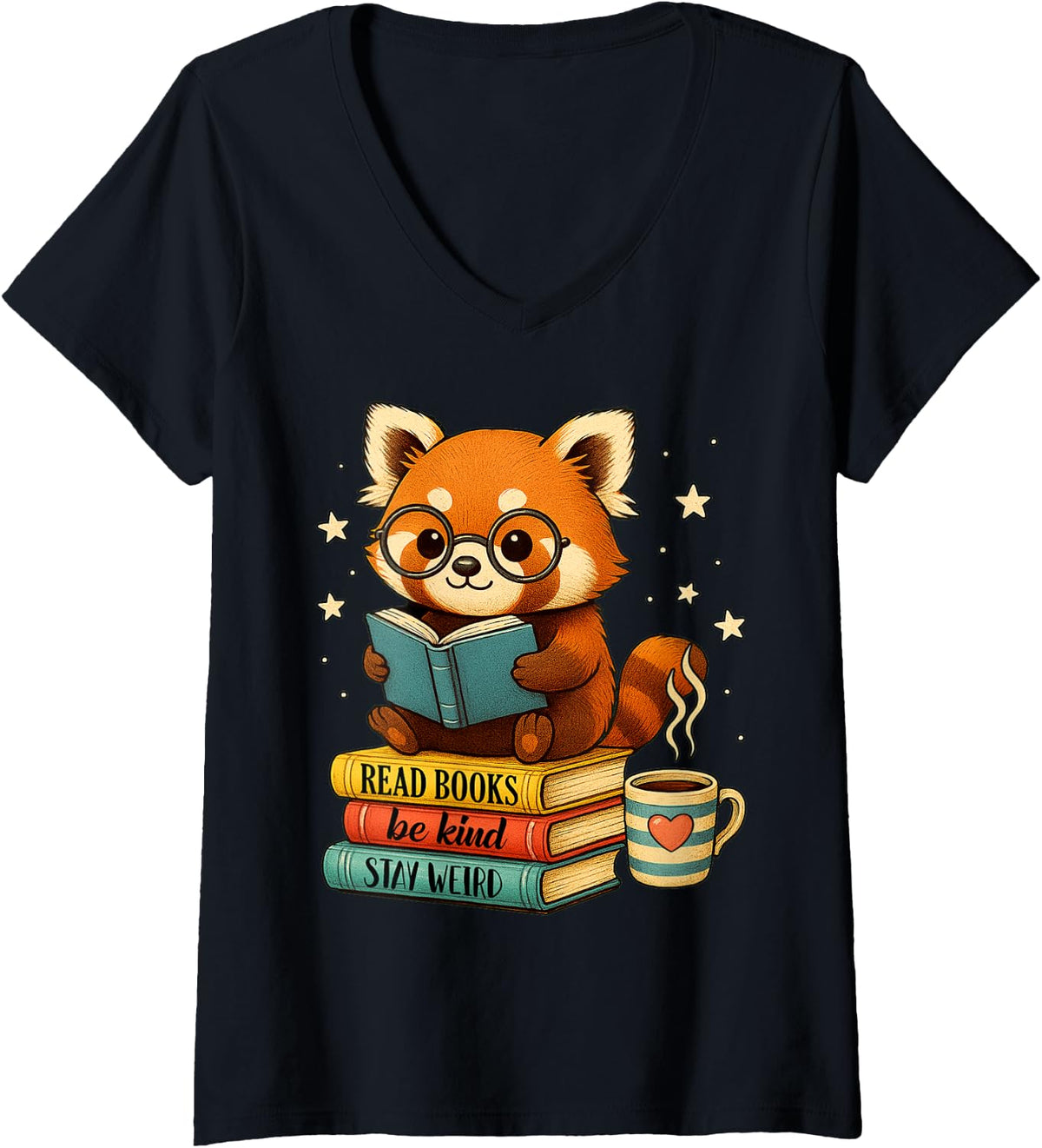 Womens Reading Book Lover Red Panda Read Books Be Kind Stays Weird V-Neck T-Shirt - Black
