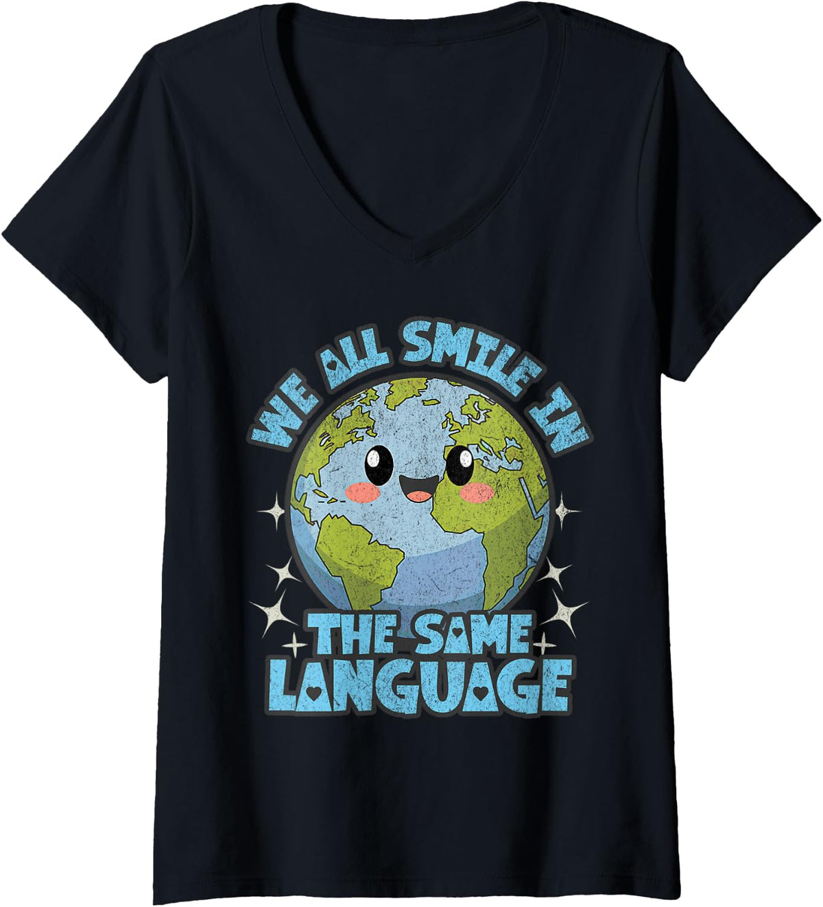 Women's We All Smile in the Same Language V-Neck T-Shirt - Black