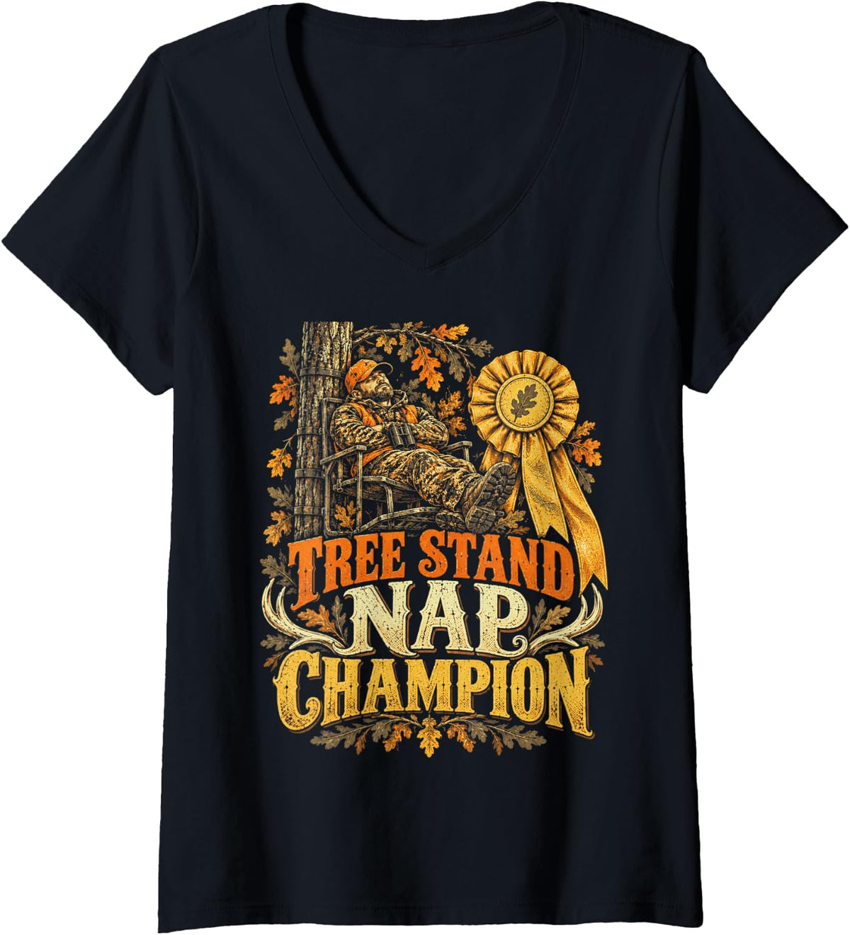 Women's Deer Hunting Season Tree Stand Nap Champion V-Neck T-Shirt - Black