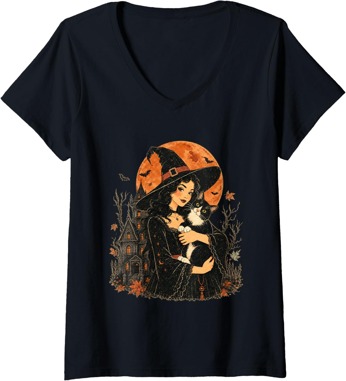 Women's Tuxedo Cat Witch Mother Halloween Autumn Fall V-Neck T-Shirt - Black