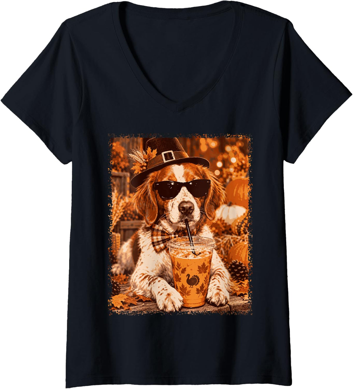 Women's Thanksgiving Cavalier King Charles Spaniel Pilgrim Dog Fall V-Neck T-Shirt - Black