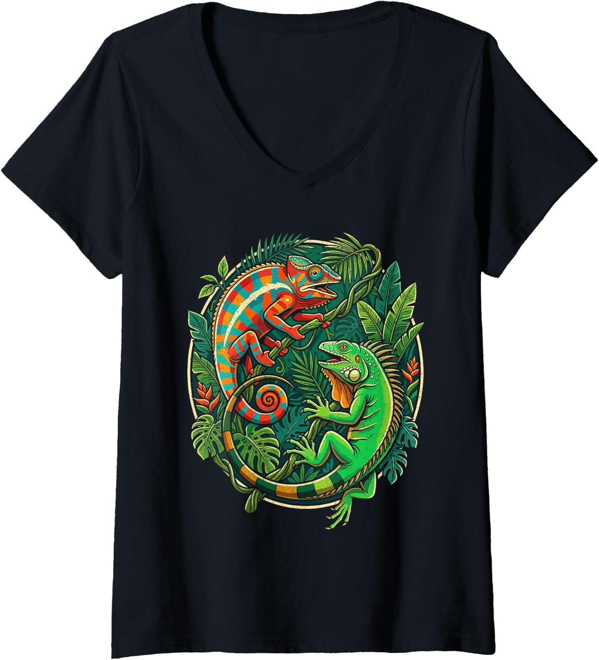 Women's Chameleon Iguana Lizard Jungle Tattoo | Vintage Reptile Art V-Neck T-Shirt - Black