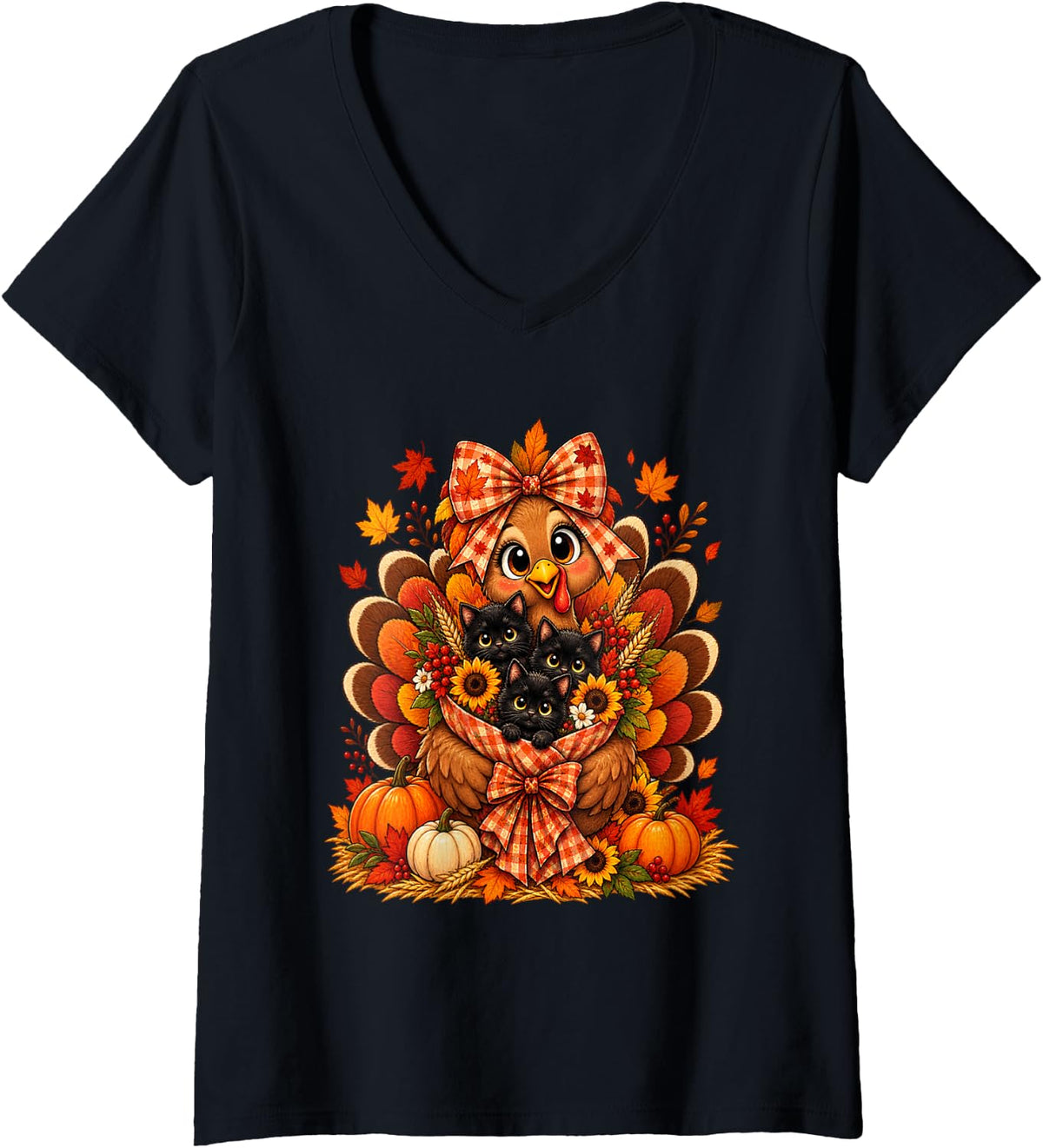 Women's Turkey Black Kittens Cat Mom Cat Lover Women Thanksgiving V-Neck T-Shirt - Black