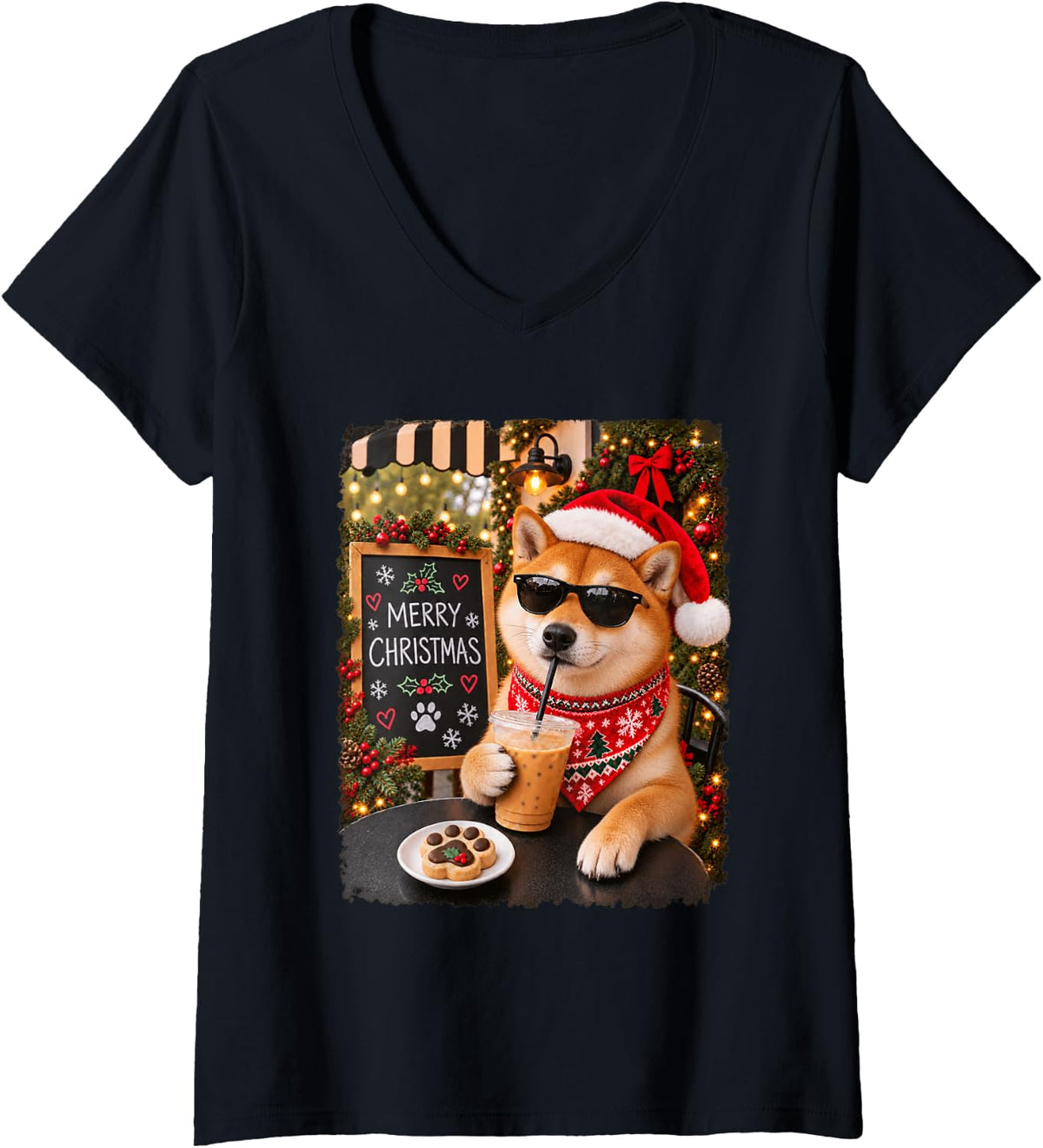 Women's Merry Christmas Chill Shiba Inu Coffee Santa Hat Holiday V-Neck T-Shirt - Black