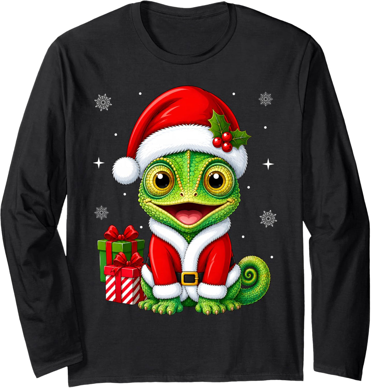 Chameleon in Christmas Santa Costume Cute Festive Cheer Xmas Long Sleeve T-Shirt - Adult Unisex Black