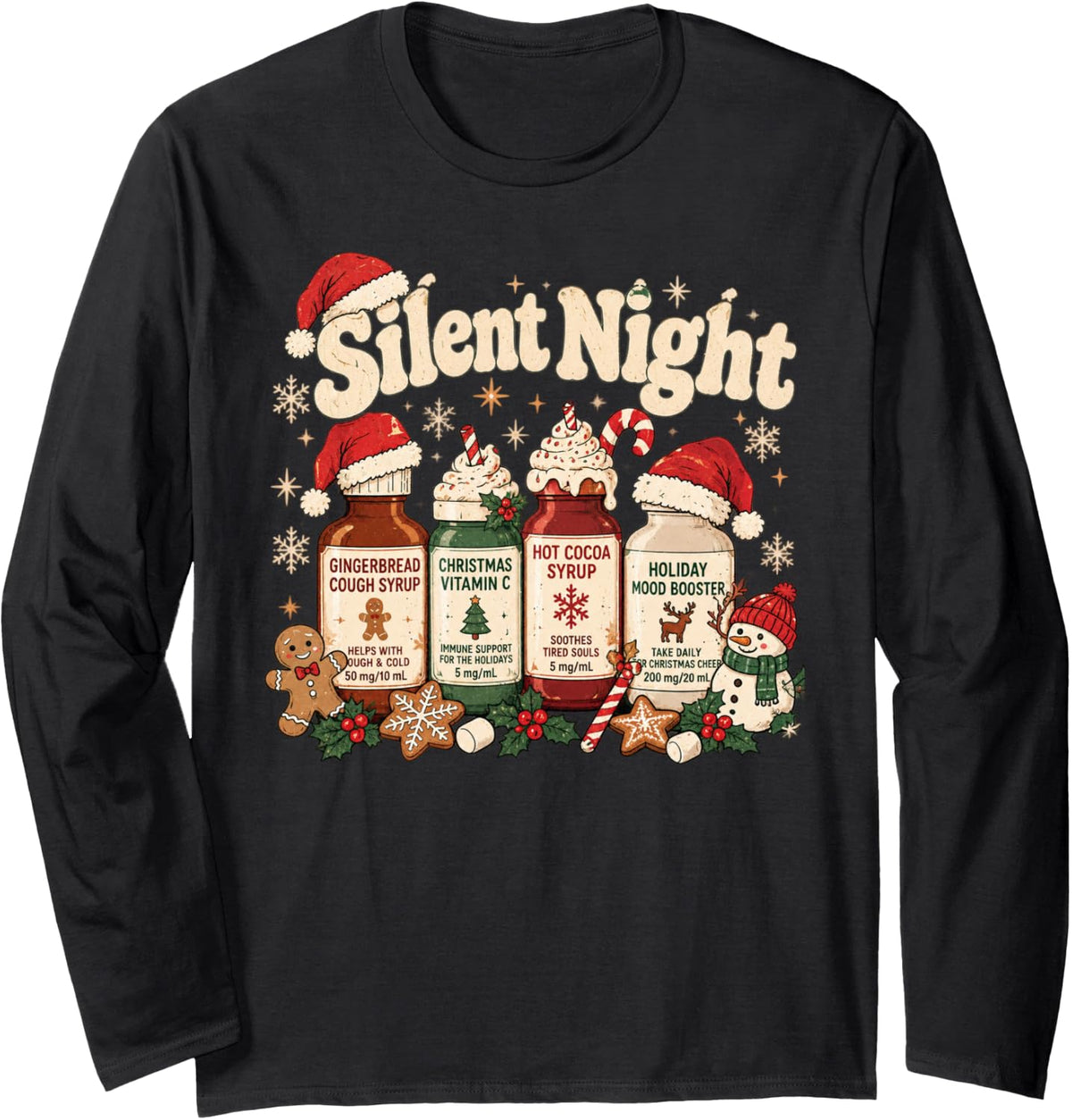 Funny Christmas Nurse Medical Silent Night ICU NICU Nurse Long Sleeve T-Shirt - Adult Unisex Black