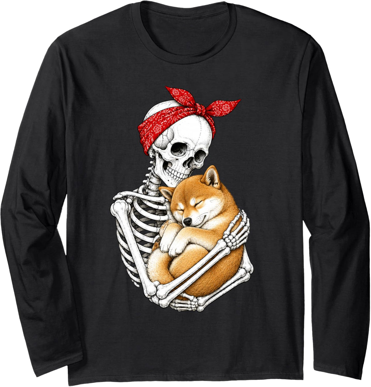 Skeleton Holding Shiba Inu Dog Funny Lazy Halloween Costume Long Sleeve T-Shirt - Adult Unisex Black
