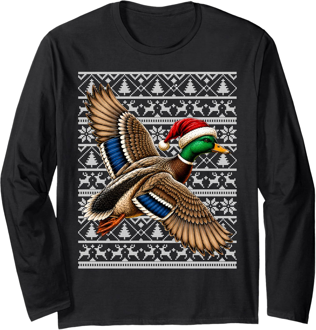 Mallard Duck Christmas Ugly Sweater Festive Hunting Xmas Long Sleeve T-Shirt - Adult Unisex Black
