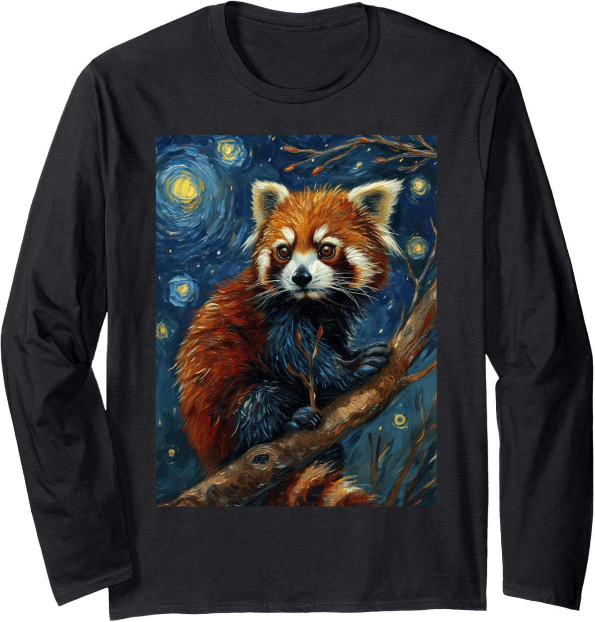 Red Panda Starry Night Van Gogh Style Graphic Long Sleeve T-Shirt - Adult Unisex Black