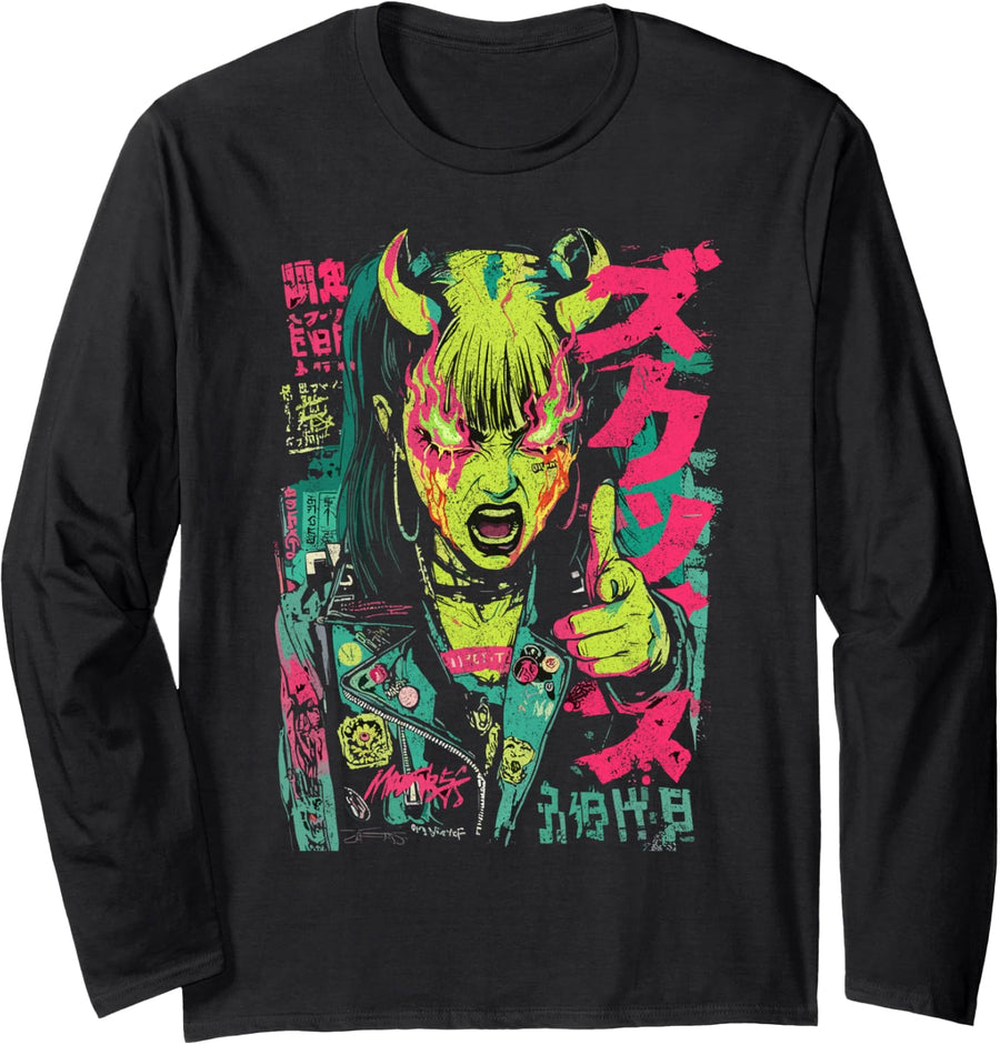 Japanese Streetwear Horror Gothic Girl Cyberpunk Y2K Anime Long Sleeve T-Shirt - Adult Unisex Black