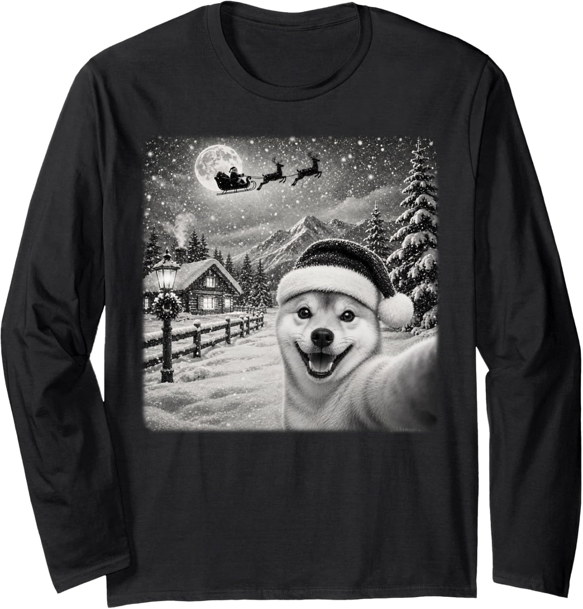 Xmas Moon Night Starry Santa Sleigh Shiba Inu Dog Christmas Long Sleeve T-Shirt - Adult Unisex Black