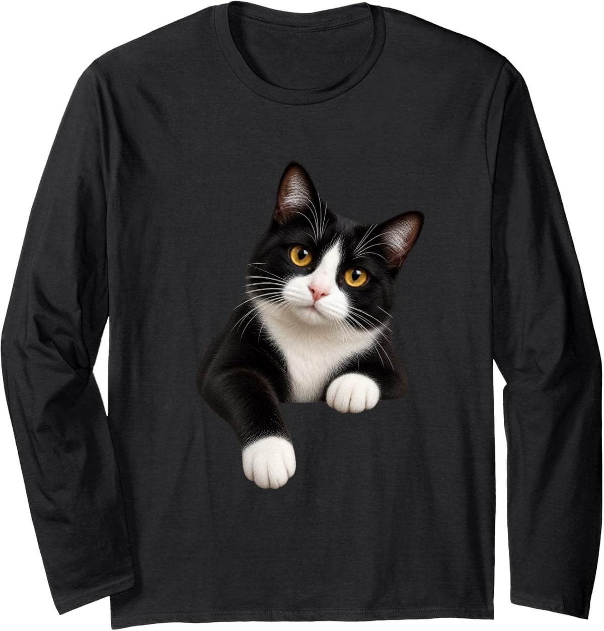 Tuxedo Cat Realistic Gold Eyes Lovable Long Sleeve T-Shirt - Adult Unisex Black