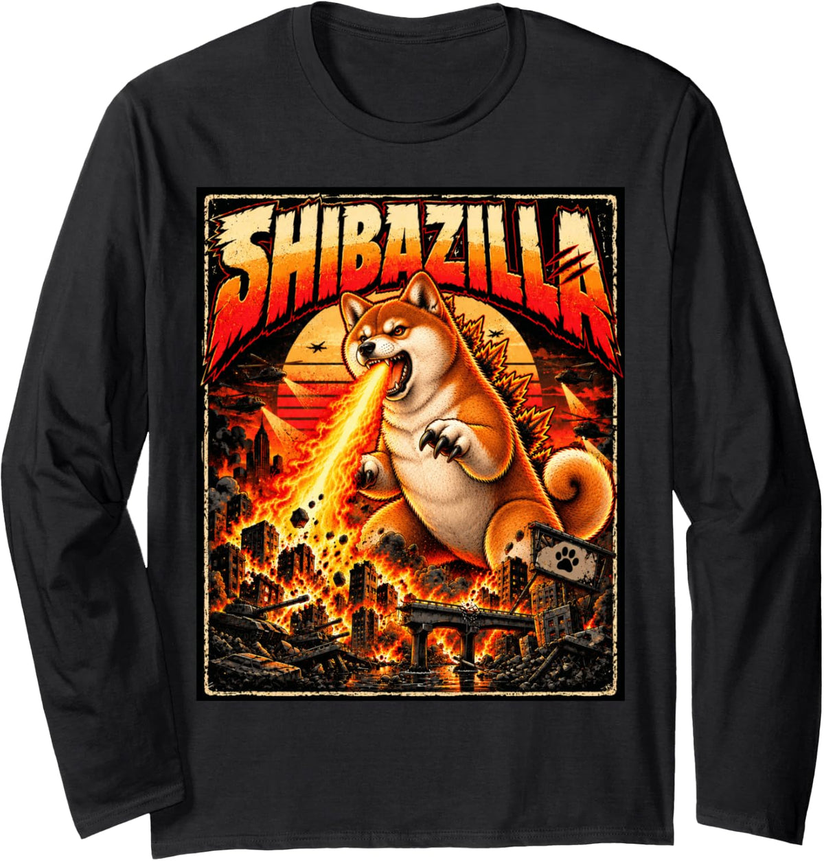 Shibazilla Giant Shiba Inu Dog Monster Funny Retro Parody Long Sleeve T-Shirt - Adult Unisex Black