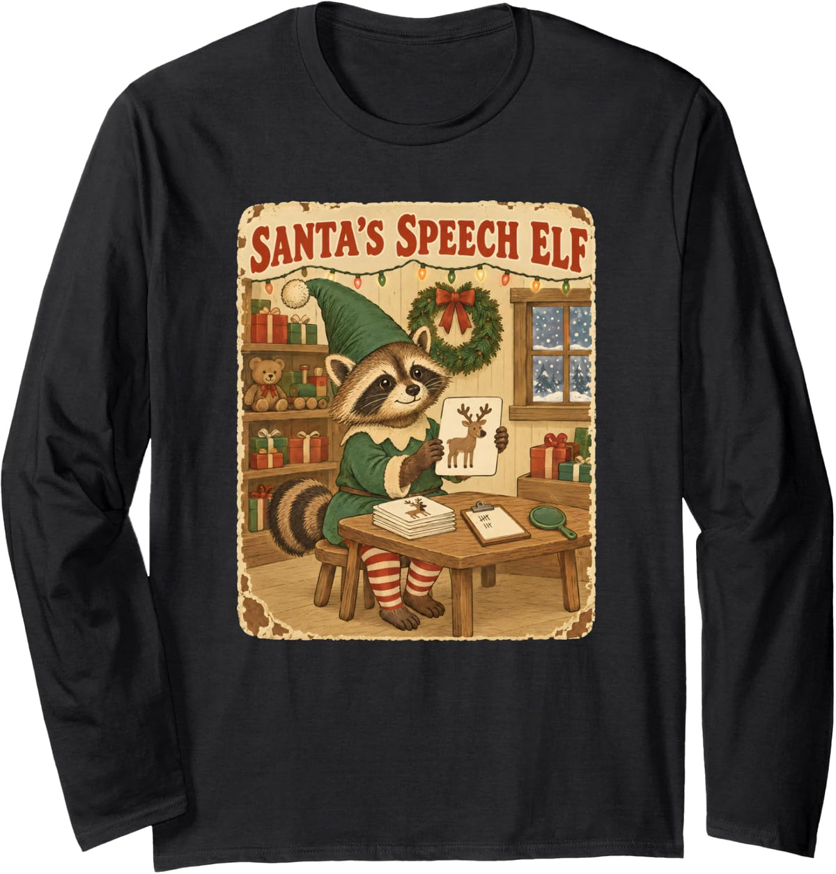 Santa's Speech Elf SLP Christmas Raccoon Long Sleeve T-Shirt - Adult Unisex Black