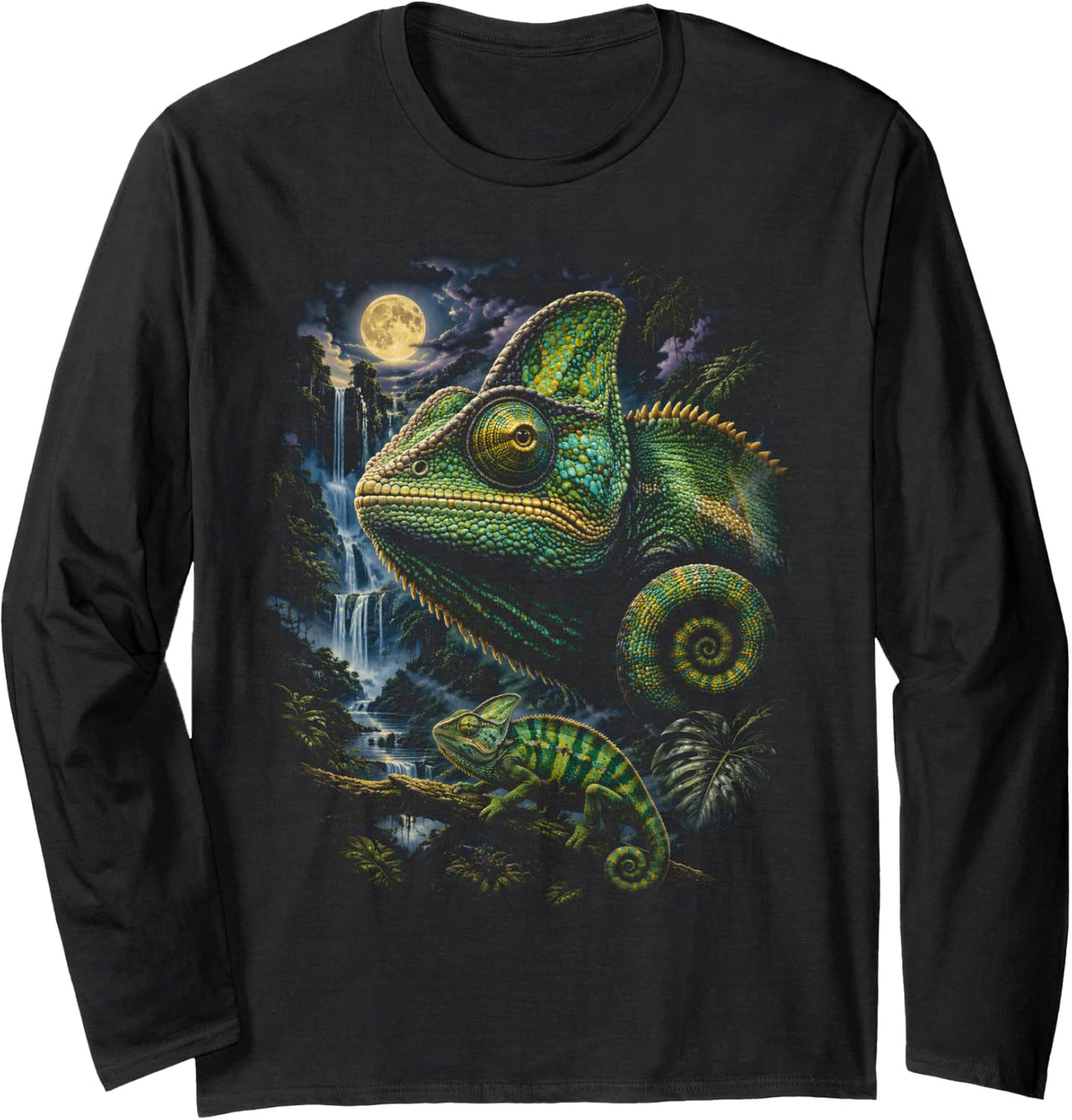 Chameleon Full Moon Rainforest Wildlife Waterfall Art Scene Long Sleeve T-Shirt - Adult Unisex Black