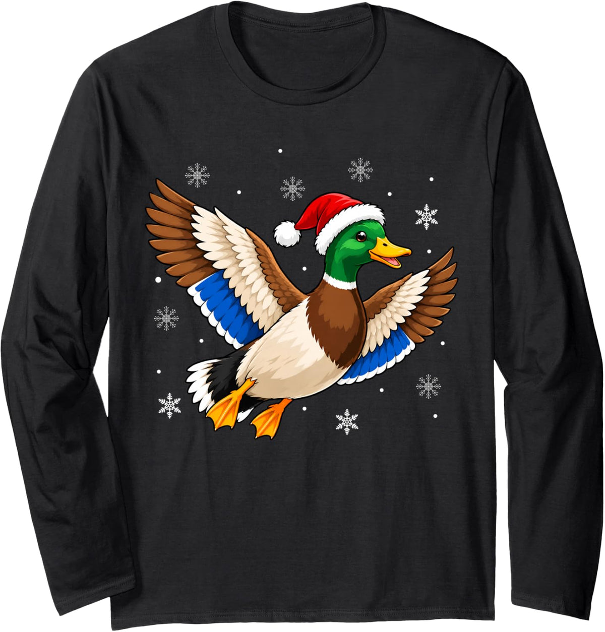 Festive Santa Hat Mallard Duck Christmas Long Sleeve T-Shirt - Adult Unisex Black