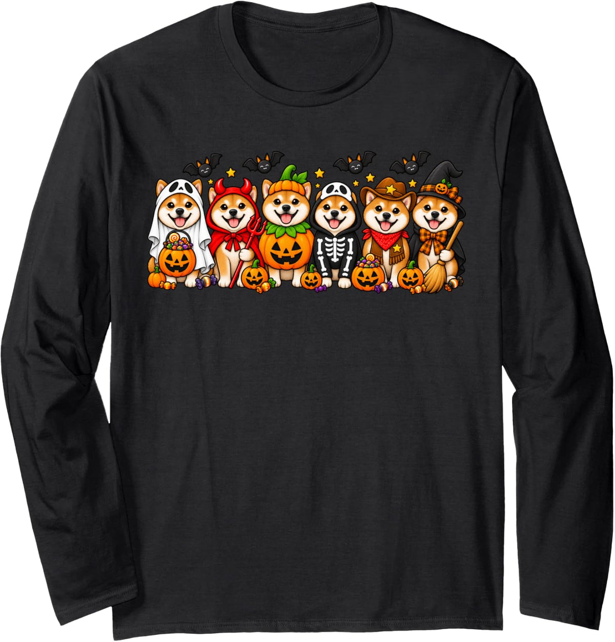 Funny Shiba Inu Dog Pumpkin Ghost Spooky Halloween Long Sleeve T-Shirt - Adult Unisex Black