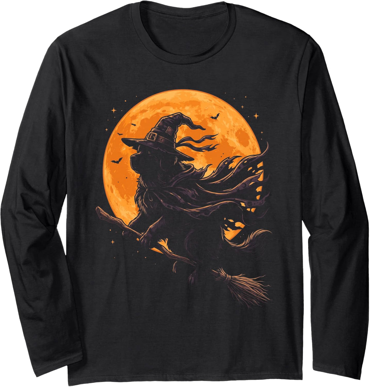 Newfoundland Halloween Dog Lover Spooky Witch Long Sleeve T-Shirt - Adult Unisex Black