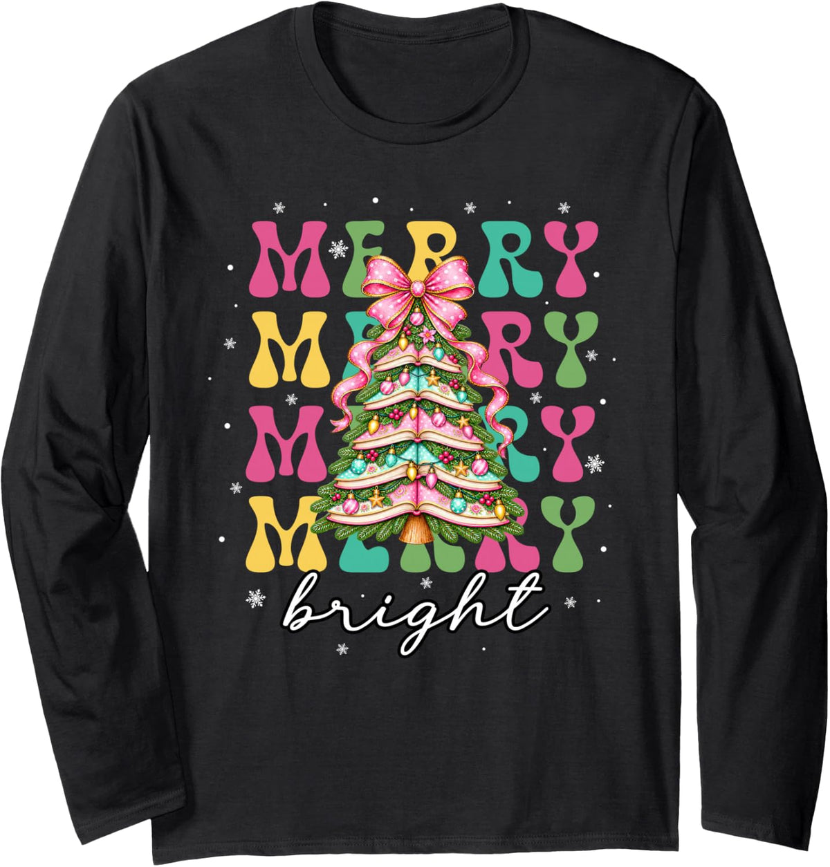 Coquette Bow Christmas Tree Book Librarian Merry and Bright Long Sleeve T-Shirt - Adult Unisex Black