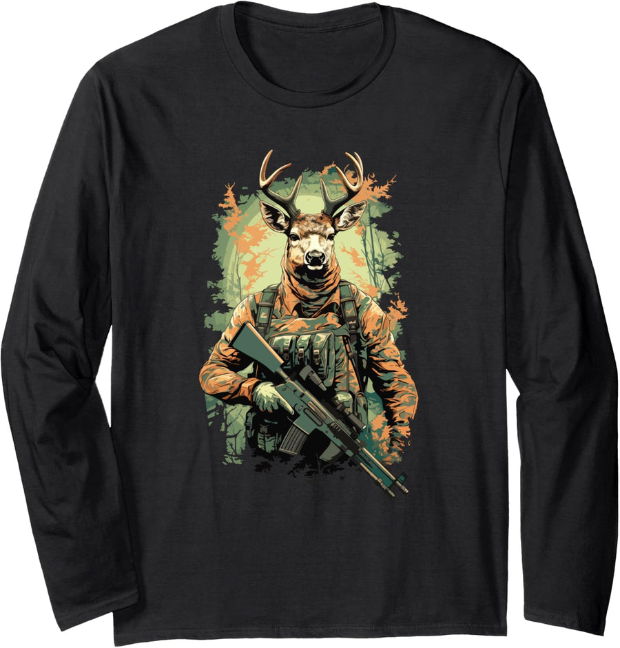 Whitetail Deer Hunting Long Sleeve T-Shirt - Adult Unisex Black