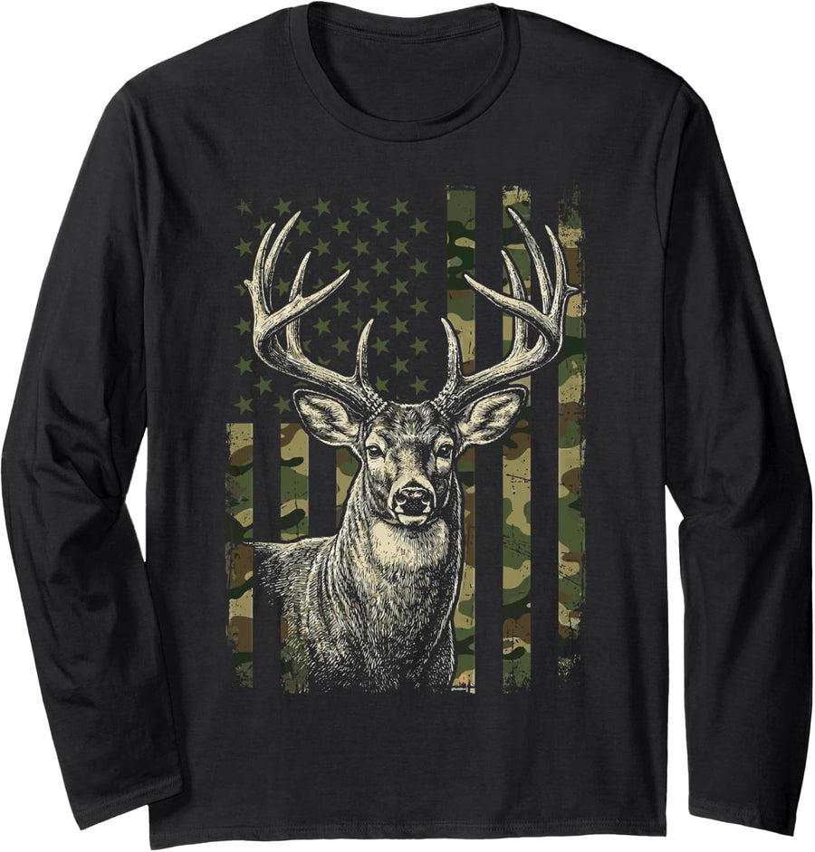 American Flag Camo Buck Deer Hunting Long Sleeve T-Shirt - Adult Unisex Black