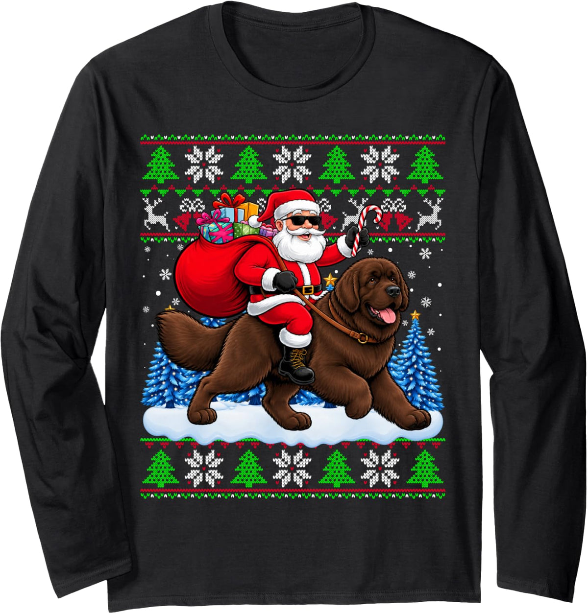 Ugly Christmas Santa Riding Newfoundland Kids Girls Boy Xmas Long Sleeve T-Shirt - Adult Unisex Black