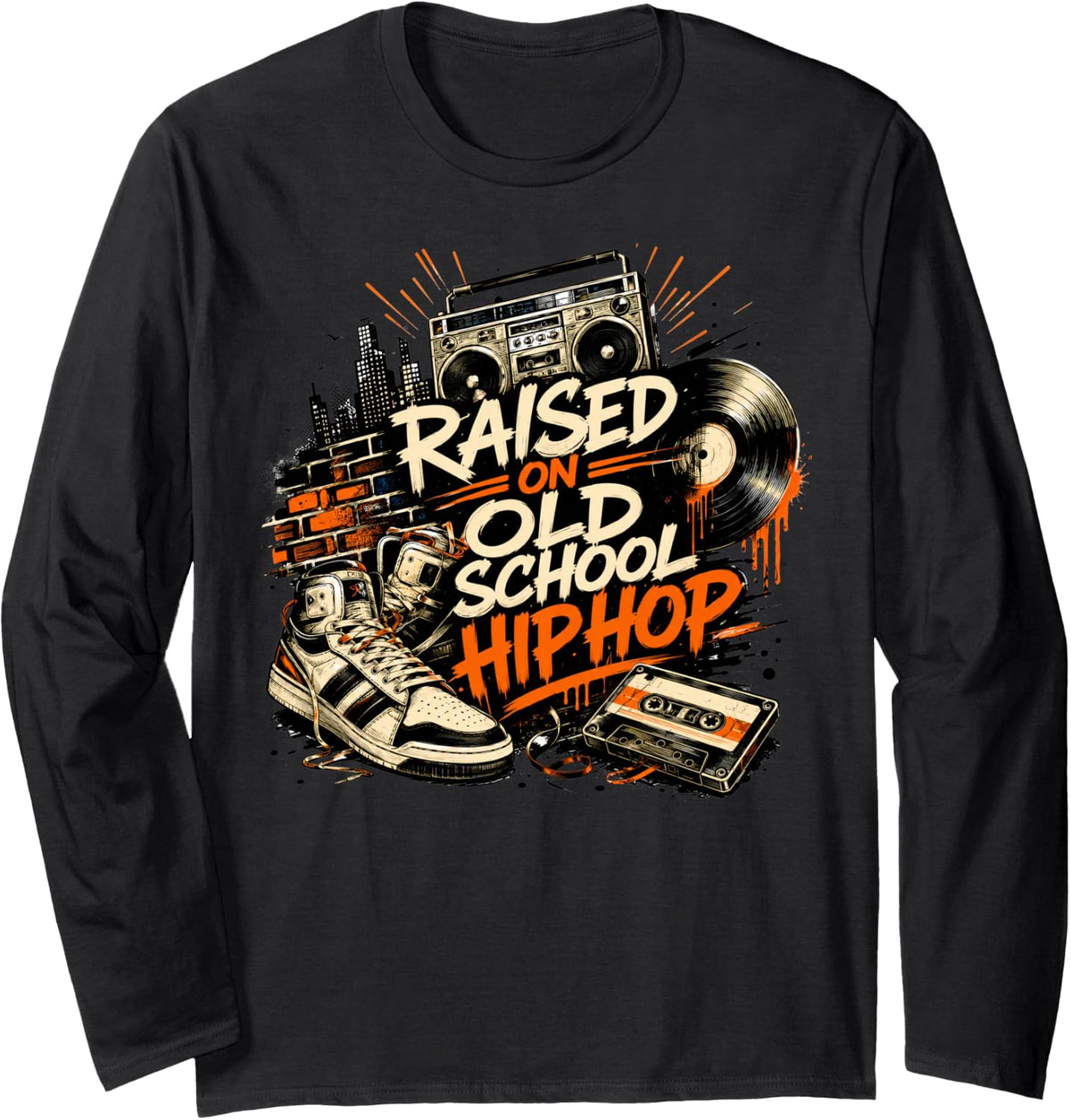 Raised on Old Hip Hop Retro Cassette Tape Long Sleeve T-Shirt - Adult Unisex Black