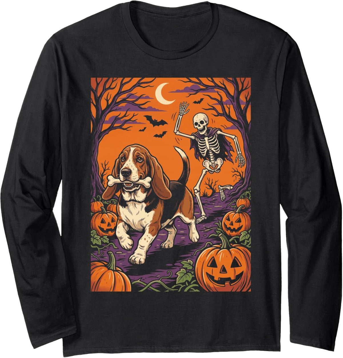 Basset Hound Dog Stealing Bone from Skeleton Halloween Long Sleeve T-Shirt - Adult Unisex Black