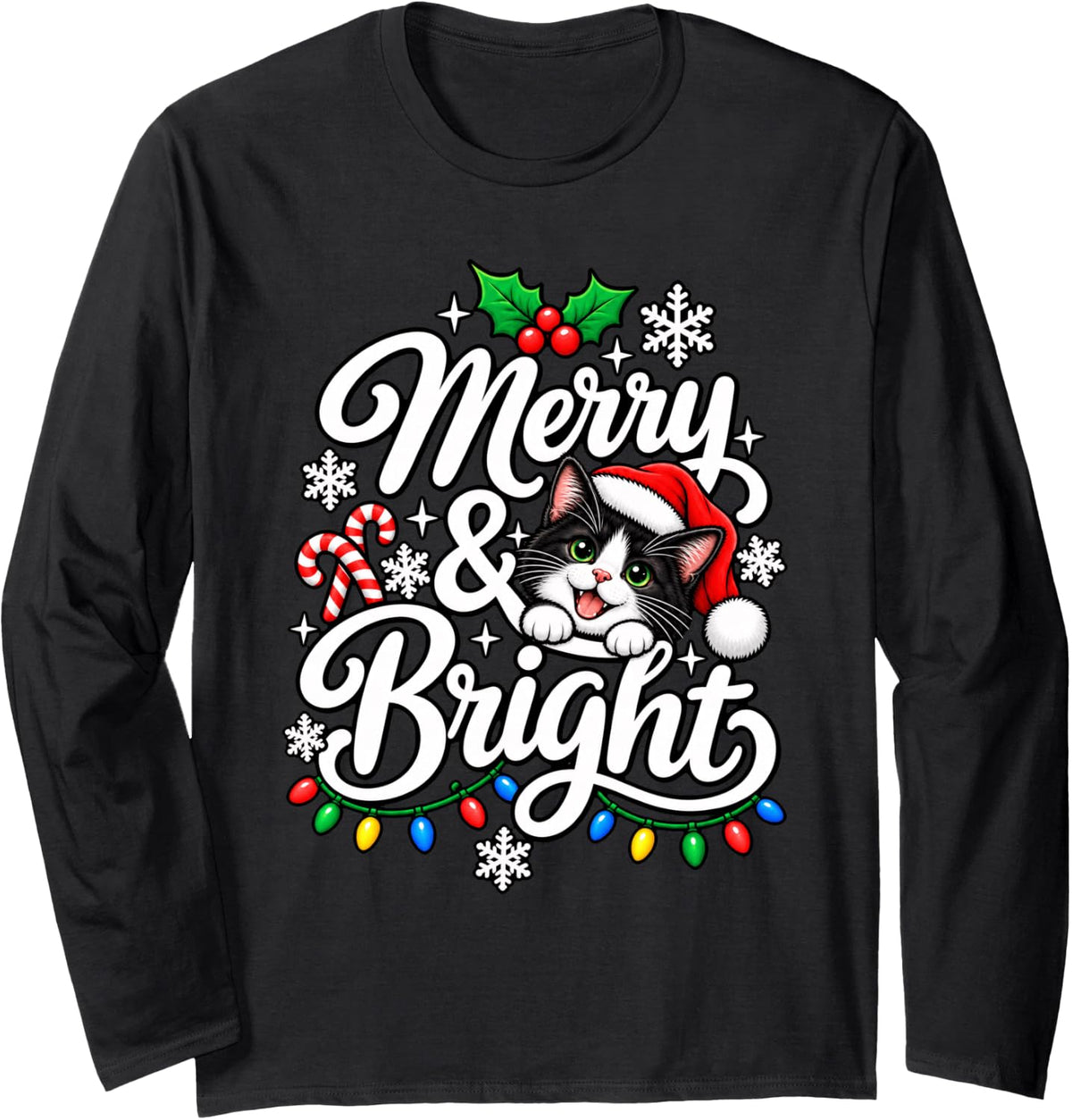 Tuxedo Cat Merry Bright Christmas Xmas Mom Dad Santa Long Sleeve T-Shirt - Adult Unisex Black