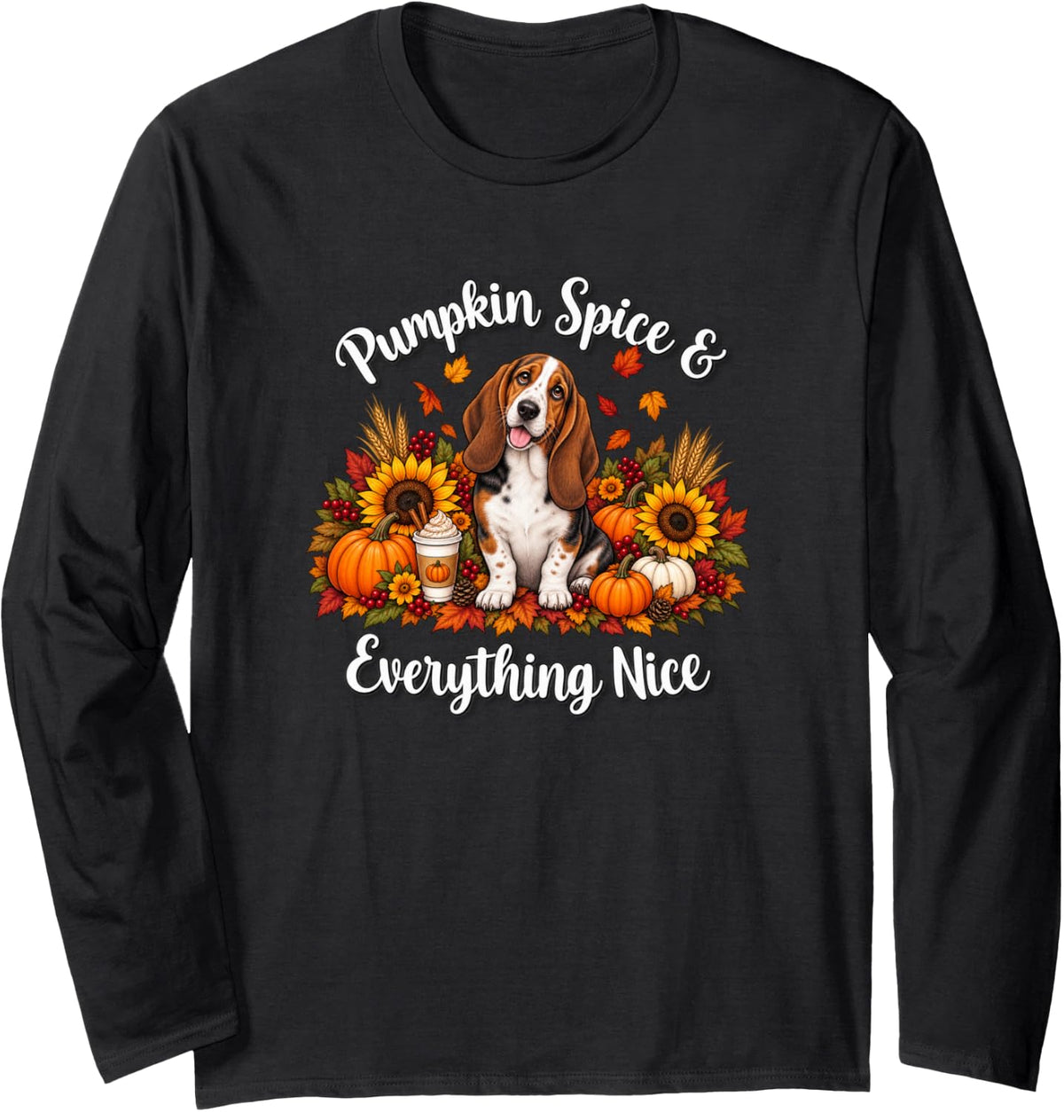 Womens Girls Moms Fall Pumpkin Spice Basset Hound Lover Long Sleeve T-Shirt - Adult Unisex Black