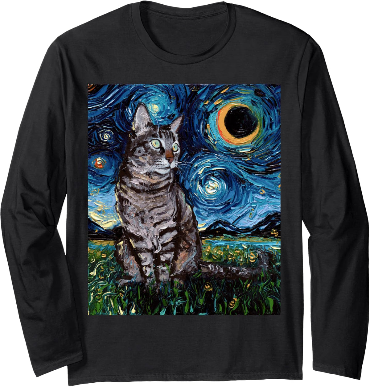 Gray Tabby Tiger Cat Starry Night Moon and Stars Artwork Long Sleeve T-Shirt - Adult Unisex Black