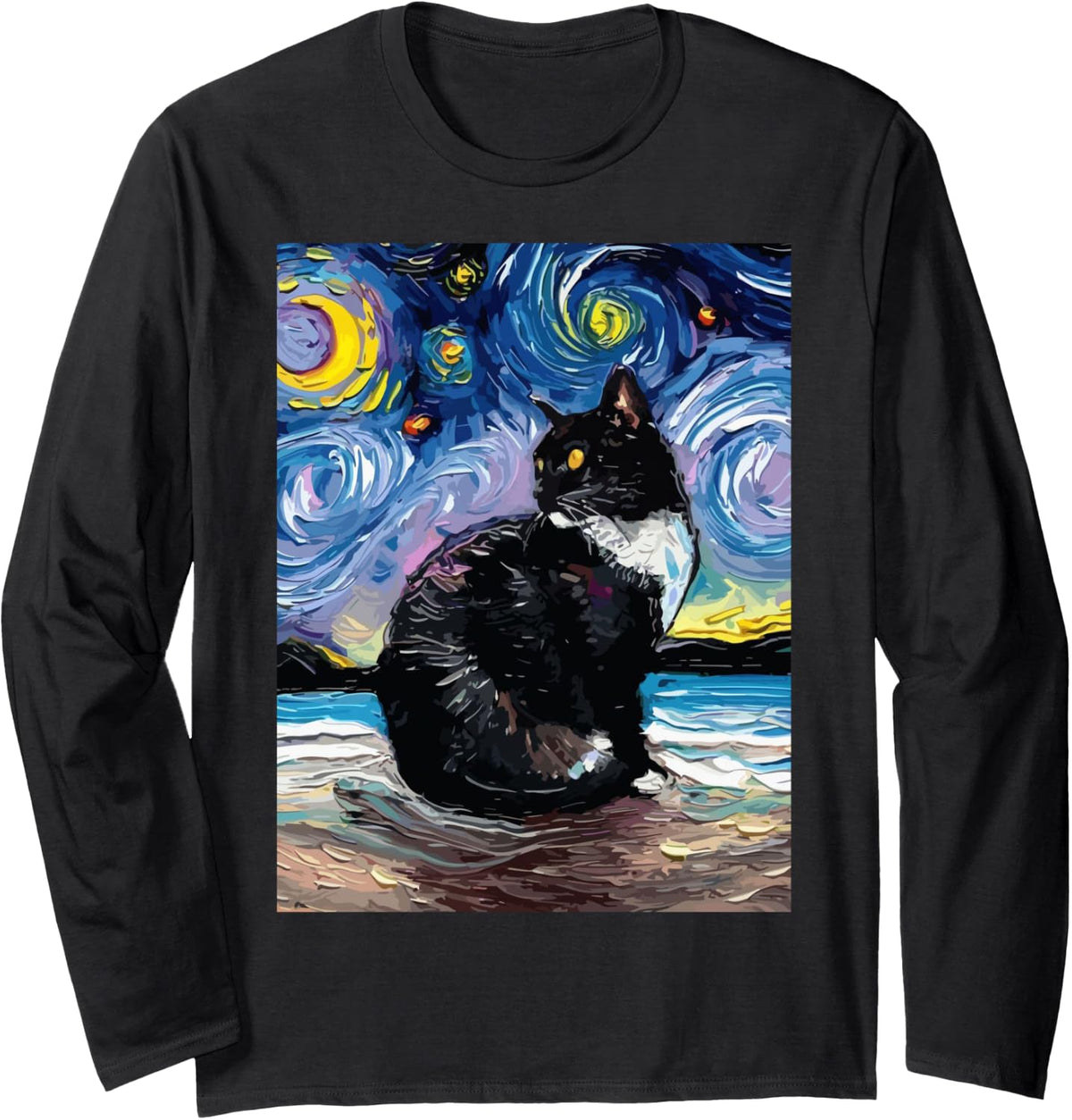 Tuxedo Cat Starry Night, Van Gogh Cat, Cat Art,Tuxedo Cat Long Sleeve T-Shirt - Adult Unisex Black