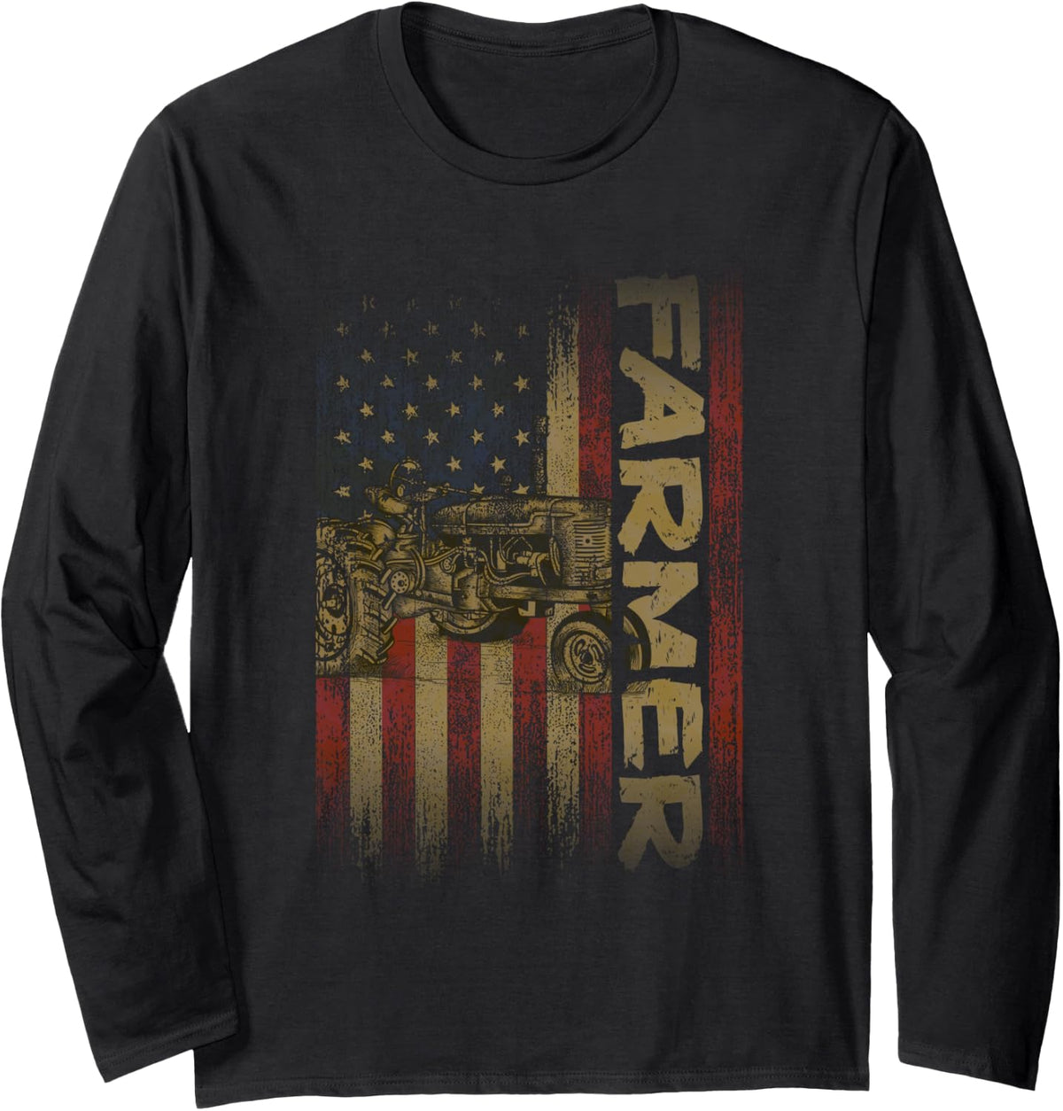 Vintage American Flag Farmer - Farming Gift Patriotic Farmer Long Sleeve T-Shirt - Adult Unisex Black