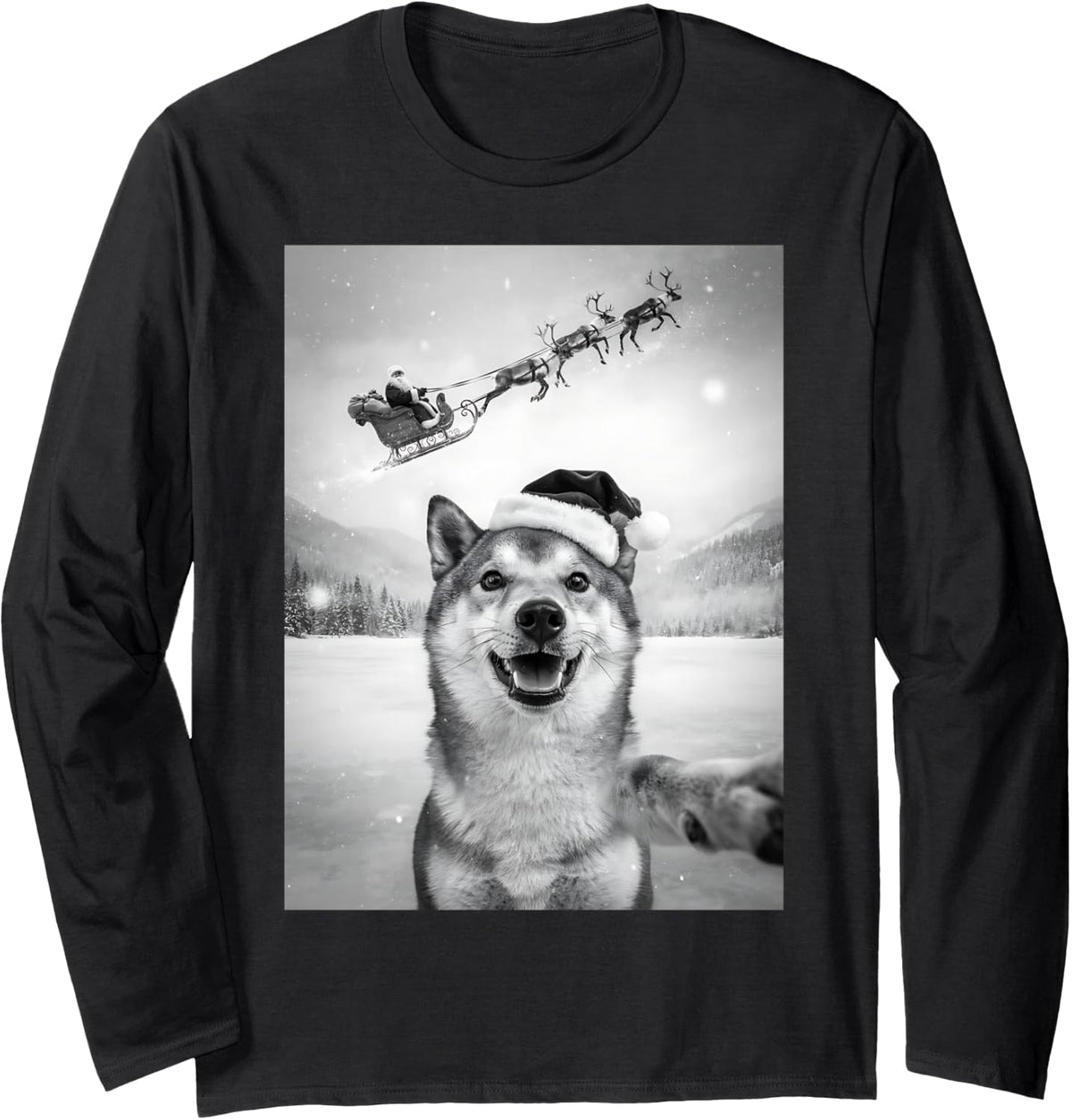 Funny Shiba Inu Christmas Selfie Santa Sleigh Dog Lover Long Sleeve T-Shirt - Adult Unisex Black