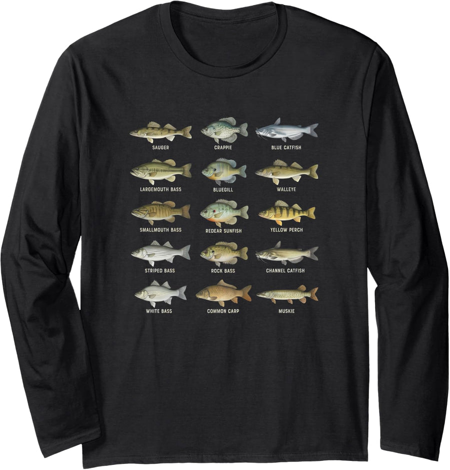 Freshwater Fish Identification Chart Angler Species Guide Long Sleeve T-Shirt - Adult Unisex Black