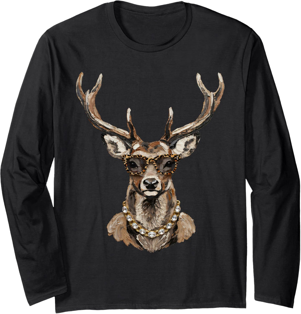 Glam Whitetail Deer Wearing Necklace Sunglasses Hunting Long Sleeve T-Shirt - Adult Unisex Black