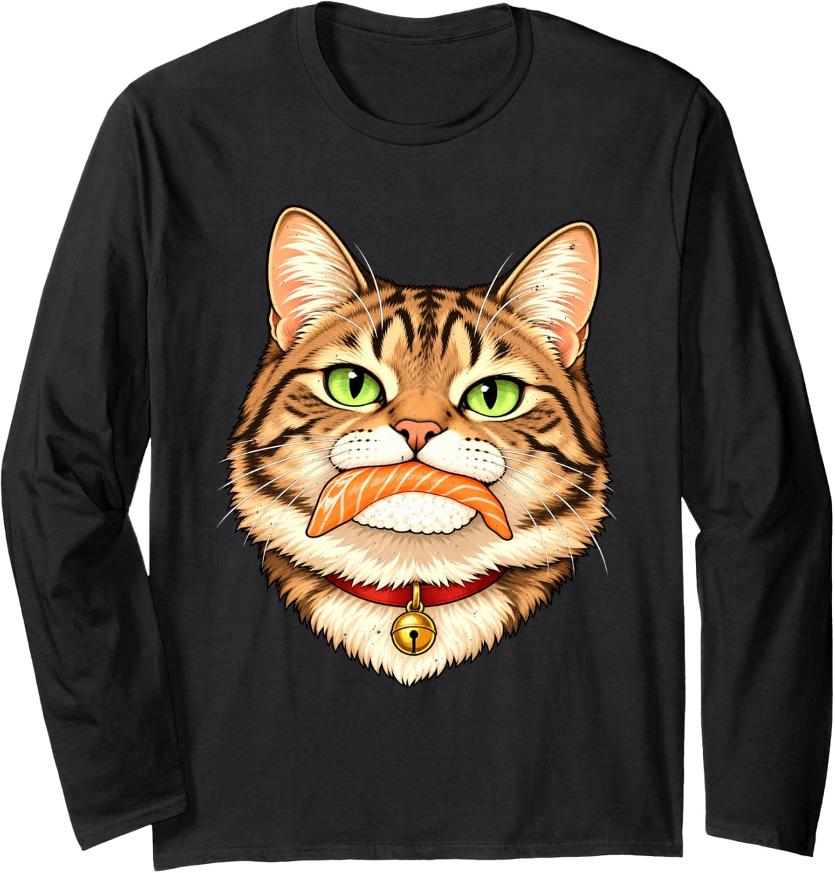 Tabby Cat Sushi Salmon Nigiri Long Sleeve T-Shirt - Adult Unisex Black