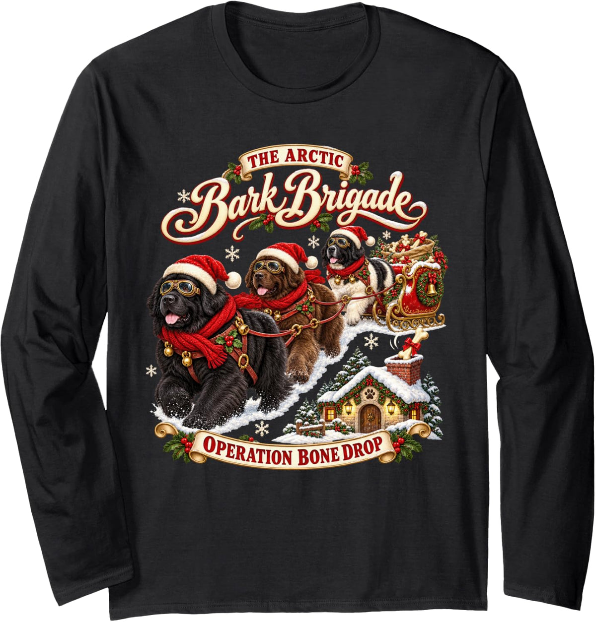Retro Newfoundland Christmas Flying Sleigh Dog Lover Cute Long Sleeve T-Shirt - Adult Unisex Black