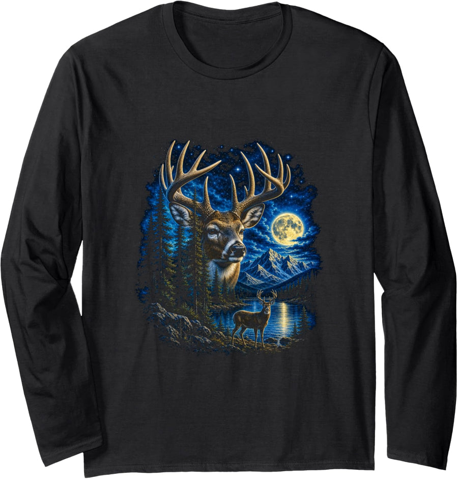 Majestic Whitetail Buck Moonlit Woods Deer Hunting Long Sleeve T-Shirt - Adult Unisex Black