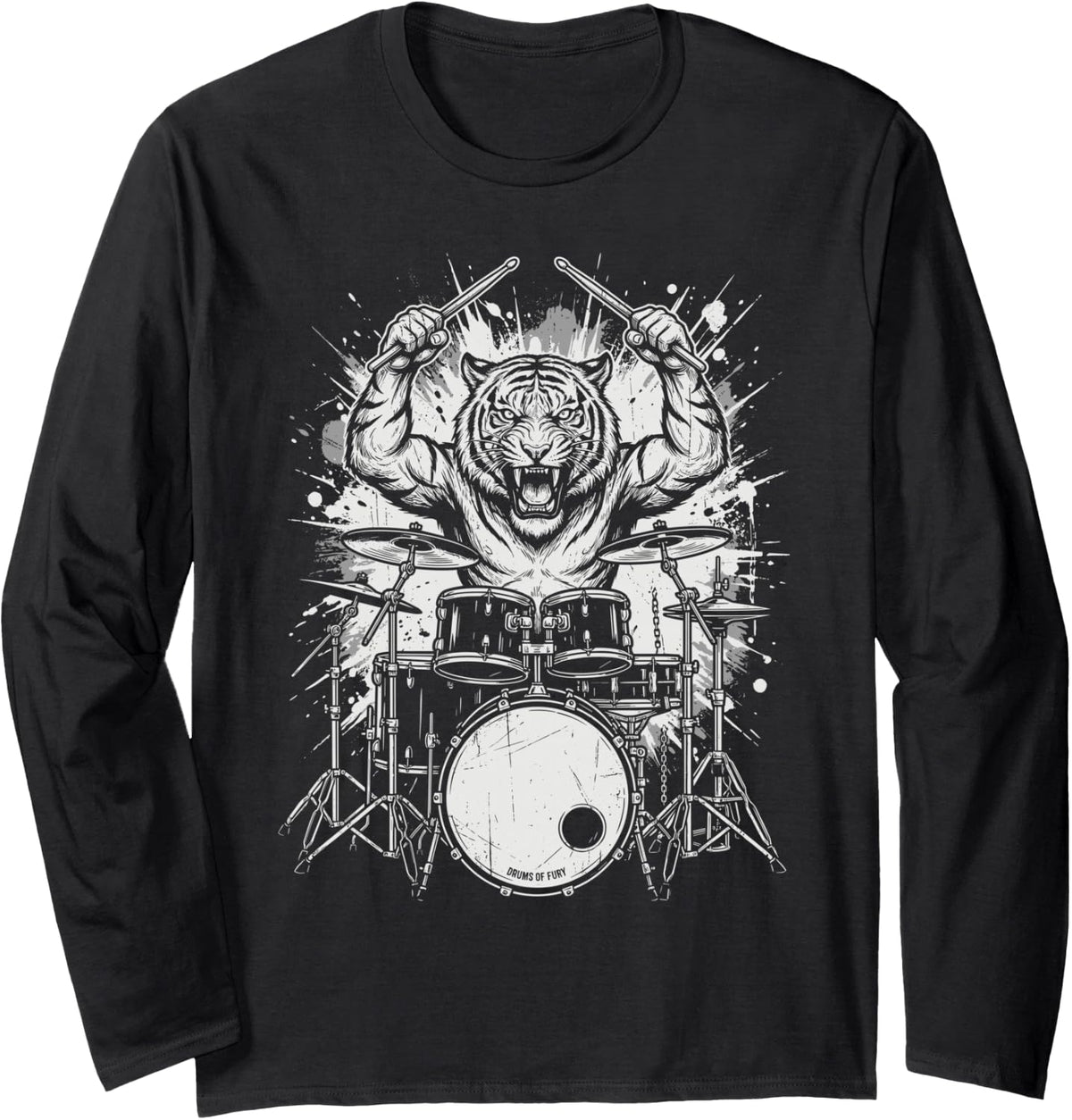 Tiger Drummer Drum Set Percussion Musician Rock Music Band Long Sleeve T-Shirt - Adult Unisex Black