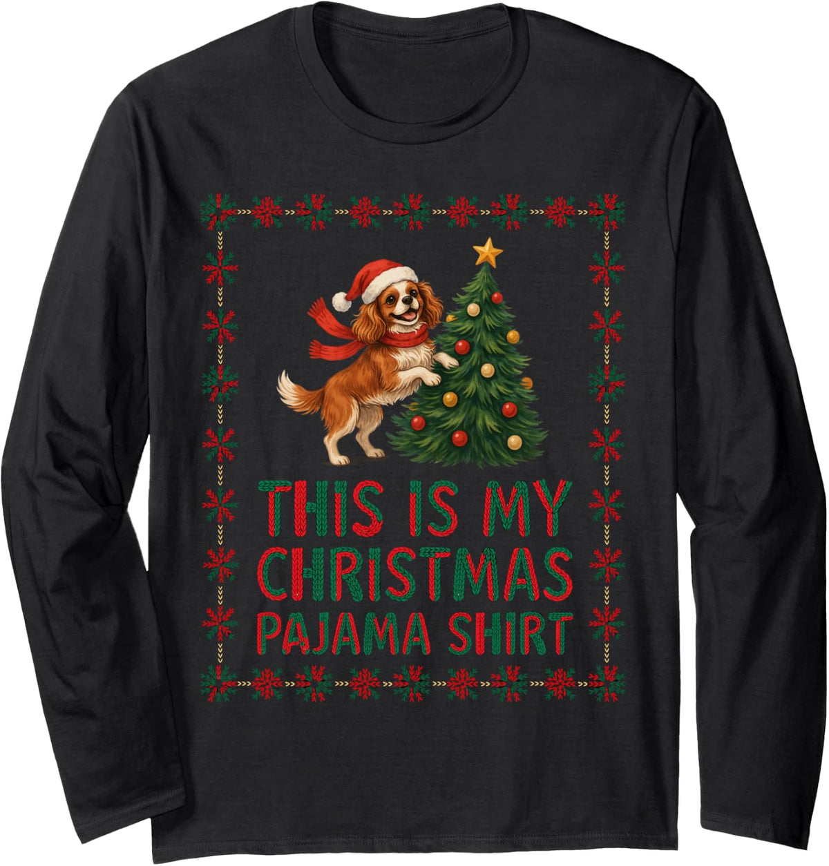 Cavalier King Charles Spaniel Christmas Tree Scarf Dog Lover Long Sleeve T-Shirt - Adult Unisex Black