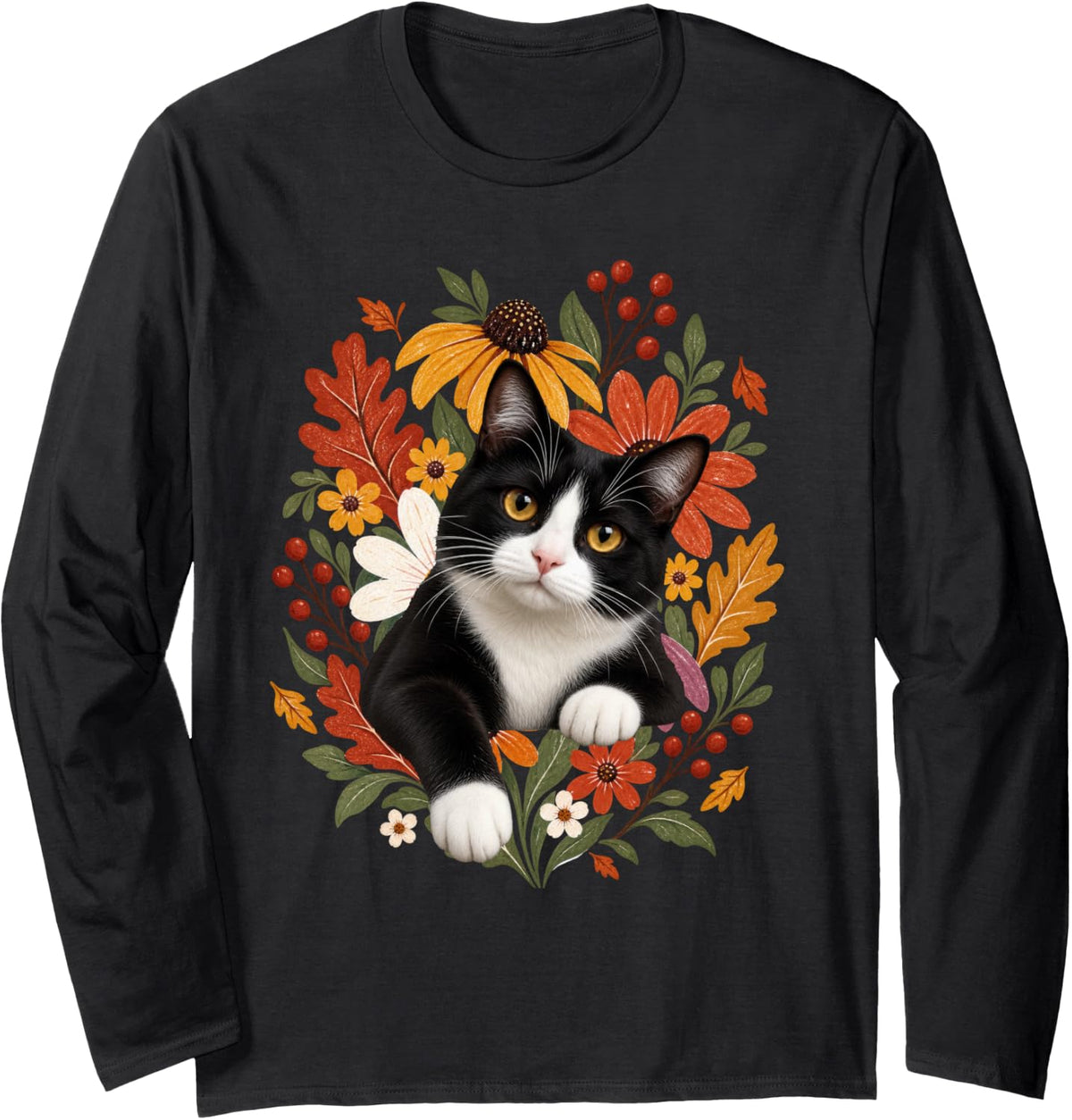 Tuxedo Cat Autumn Fall Flowers Florals Simple Wildflowers Long Sleeve T-Shirt - Adult Unisex Black